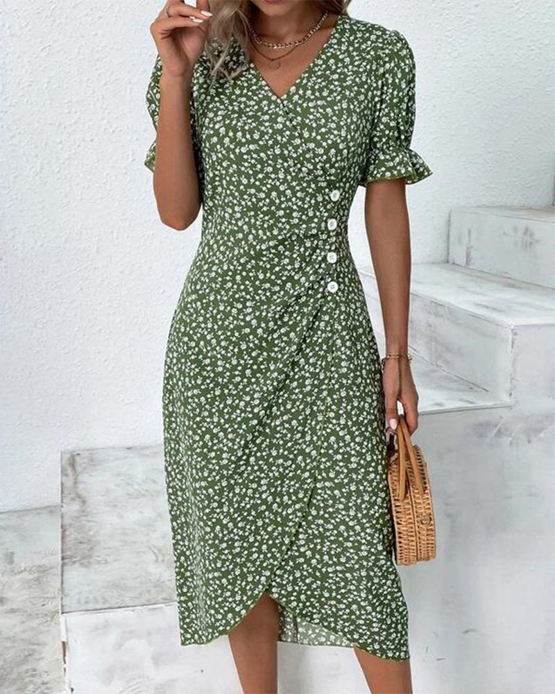 Sunflower Bloom Ring | Floral Pattern Dress with Short Sleeves