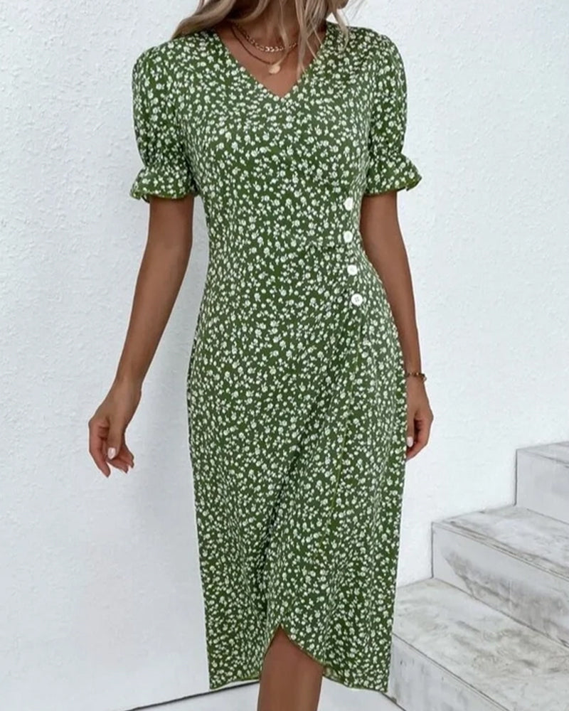 Sunflower Bloom Ring | Floral Pattern Dress with Short Sleeves