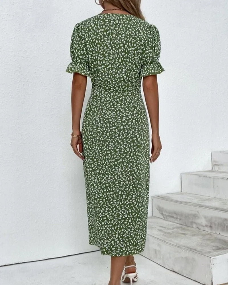 Sunflower Bloom Ring | Floral Pattern Dress with Short Sleeves
