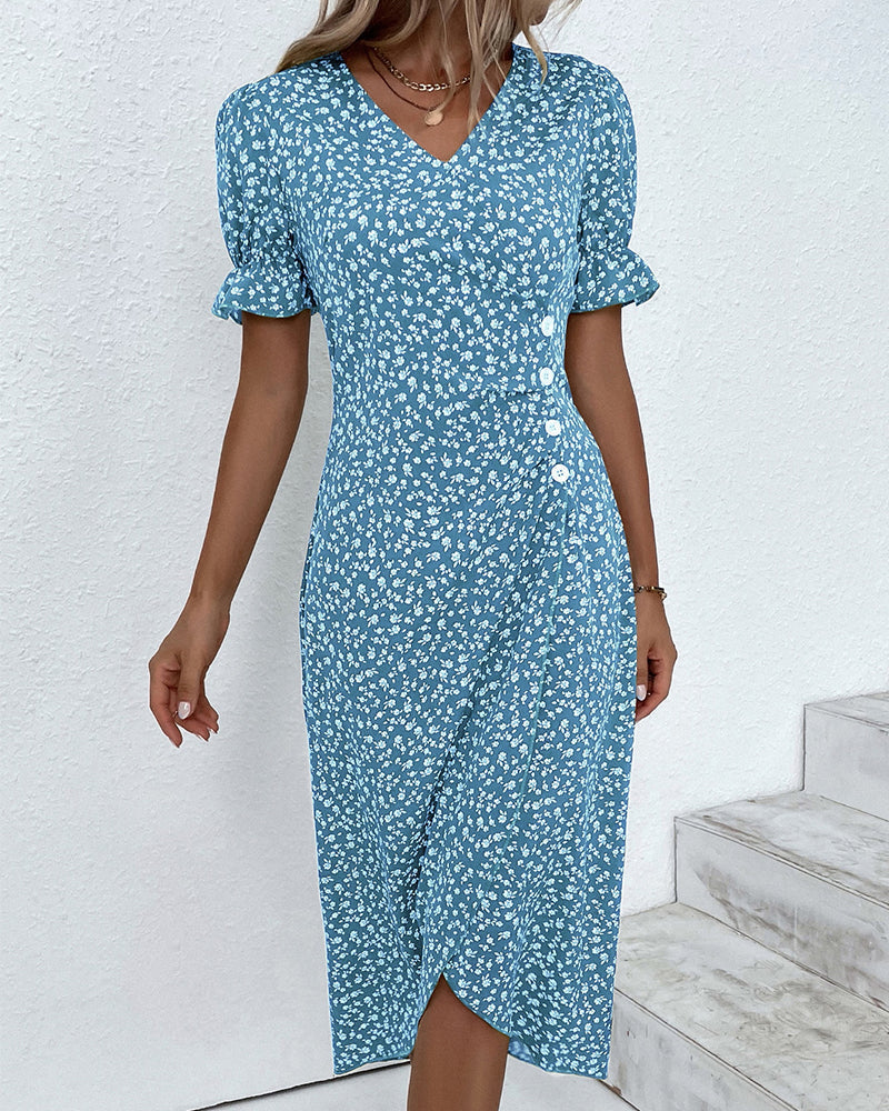 Sunflower Bloom Ring | Floral Pattern Dress with Short Sleeves