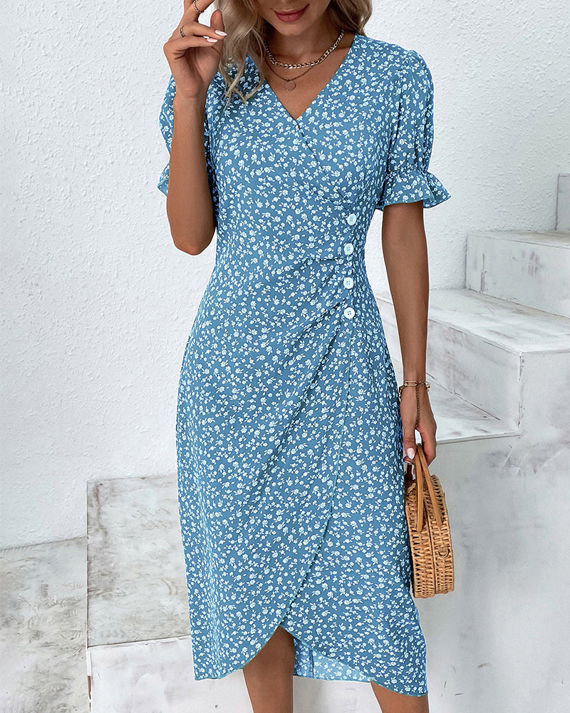 Sunflower Bloom Ring | Floral Pattern Dress with Short Sleeves