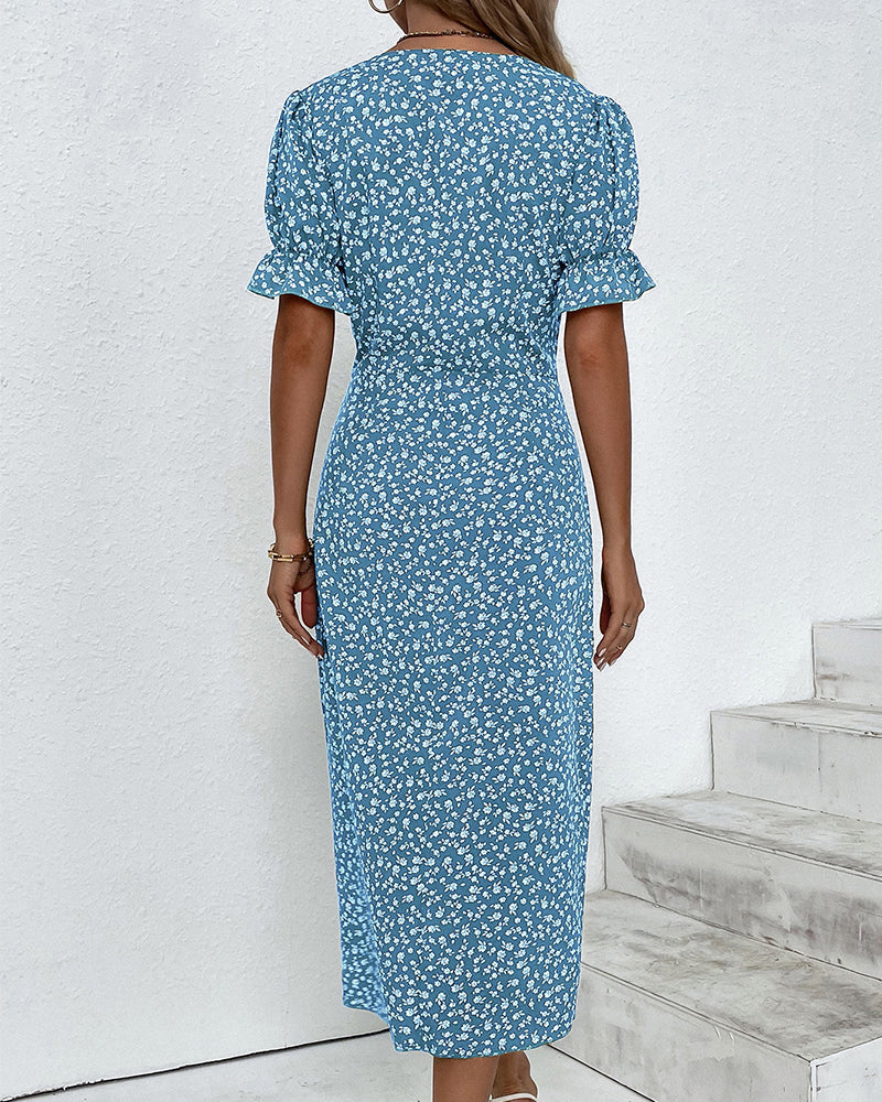 Sunflower Bloom Ring | Floral Pattern Dress with Short Sleeves