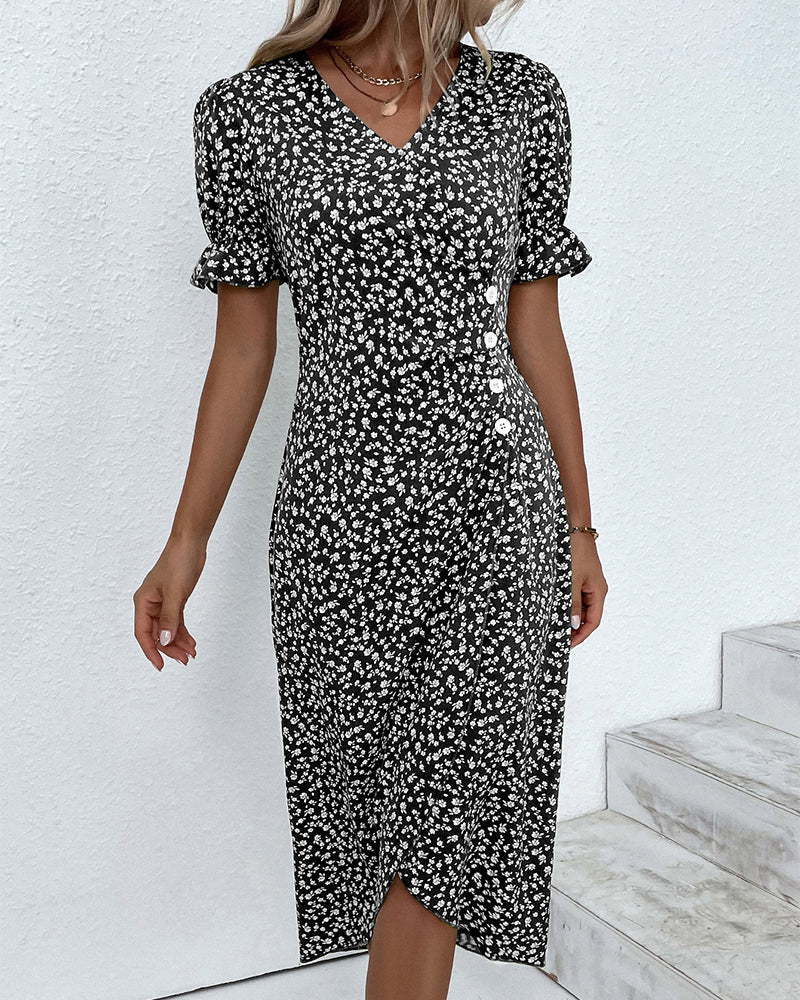 Sunflower Bloom Ring | Floral Pattern Dress with Short Sleeves