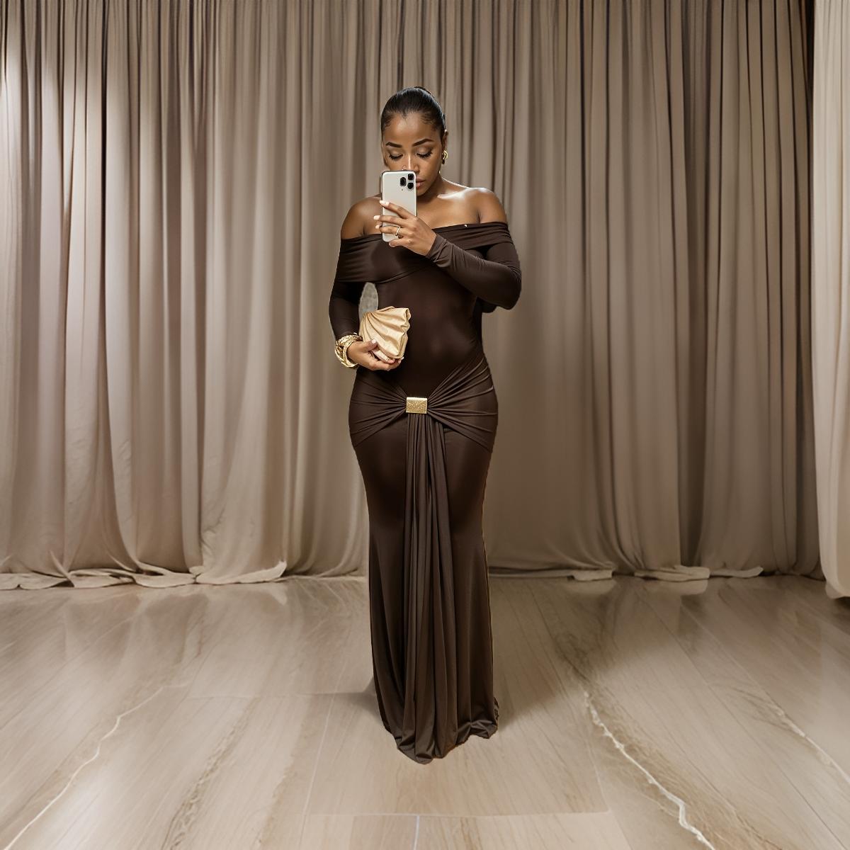 Diamond - Off-Shoulder Long Sleeve Stretch Maxi Dress