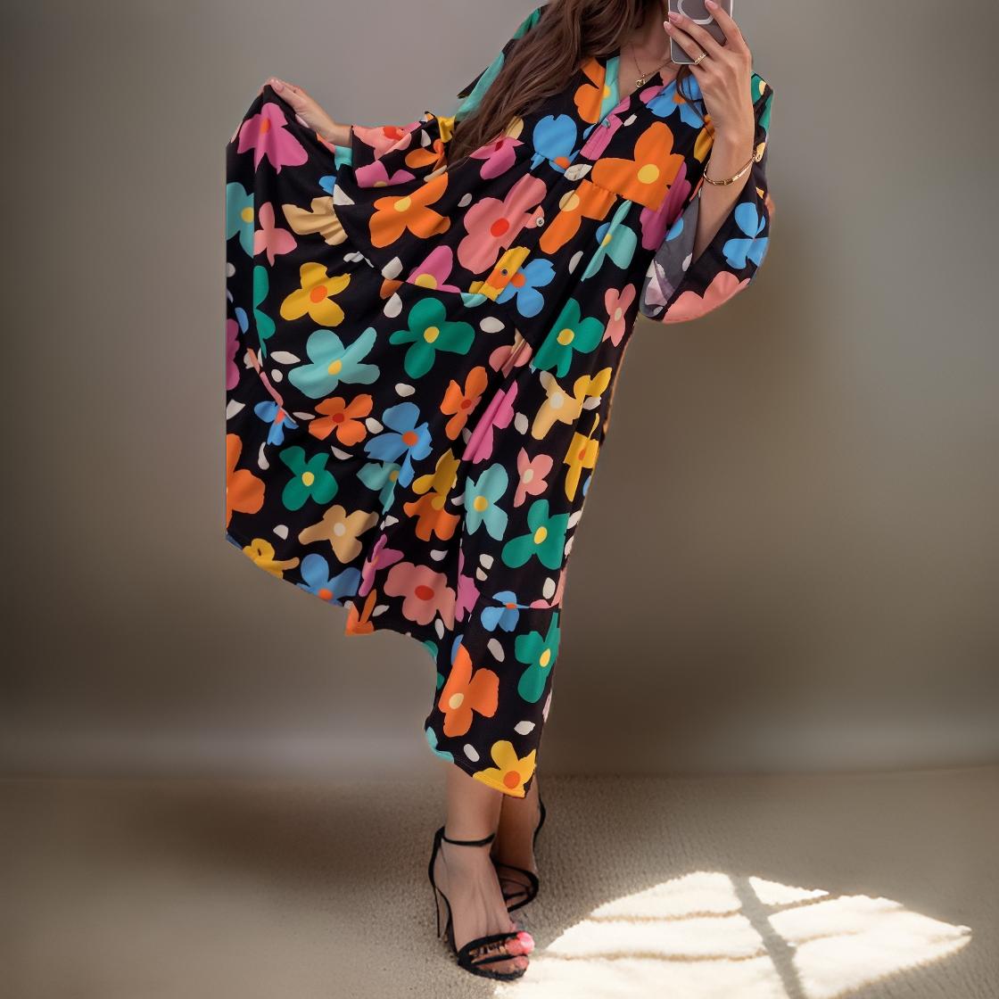 Flora – Bohemian Long Dress with Bell Sleeves and Floral Pattern