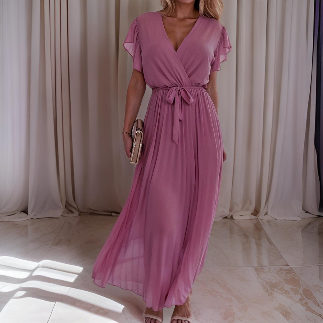 Liana – Long pleated dress with V-neckline