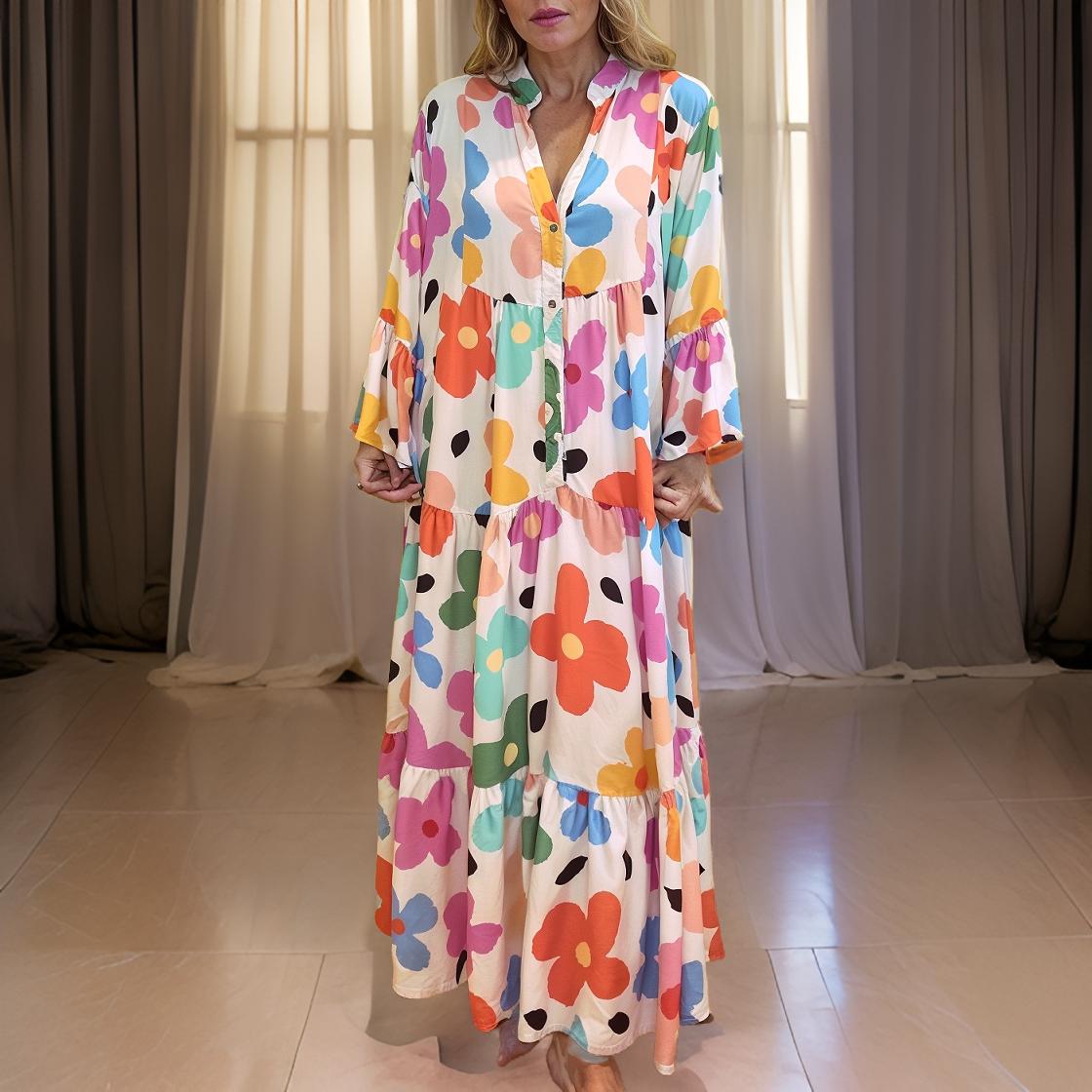 Flora – Bohemian Long Dress with Bell Sleeves and Floral Pattern