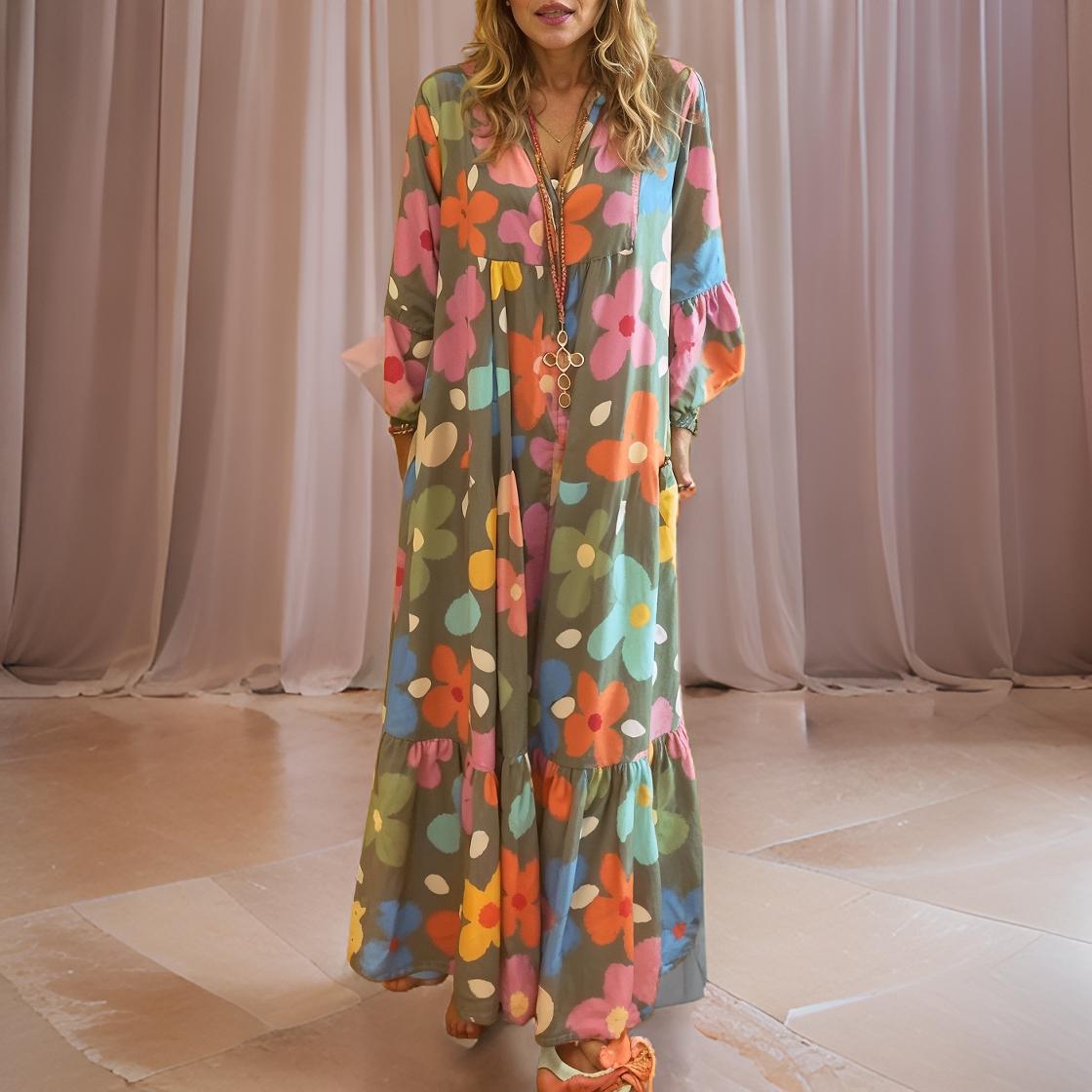 Flora – Bohemian Long Dress with Bell Sleeves and Floral Pattern