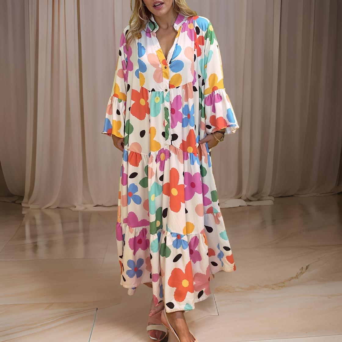 Flora – Bohemian Long Dress with Bell Sleeves and Floral Pattern