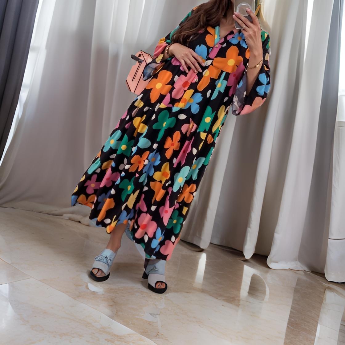 Flora – Bohemian Long Dress with Bell Sleeves and Floral Pattern