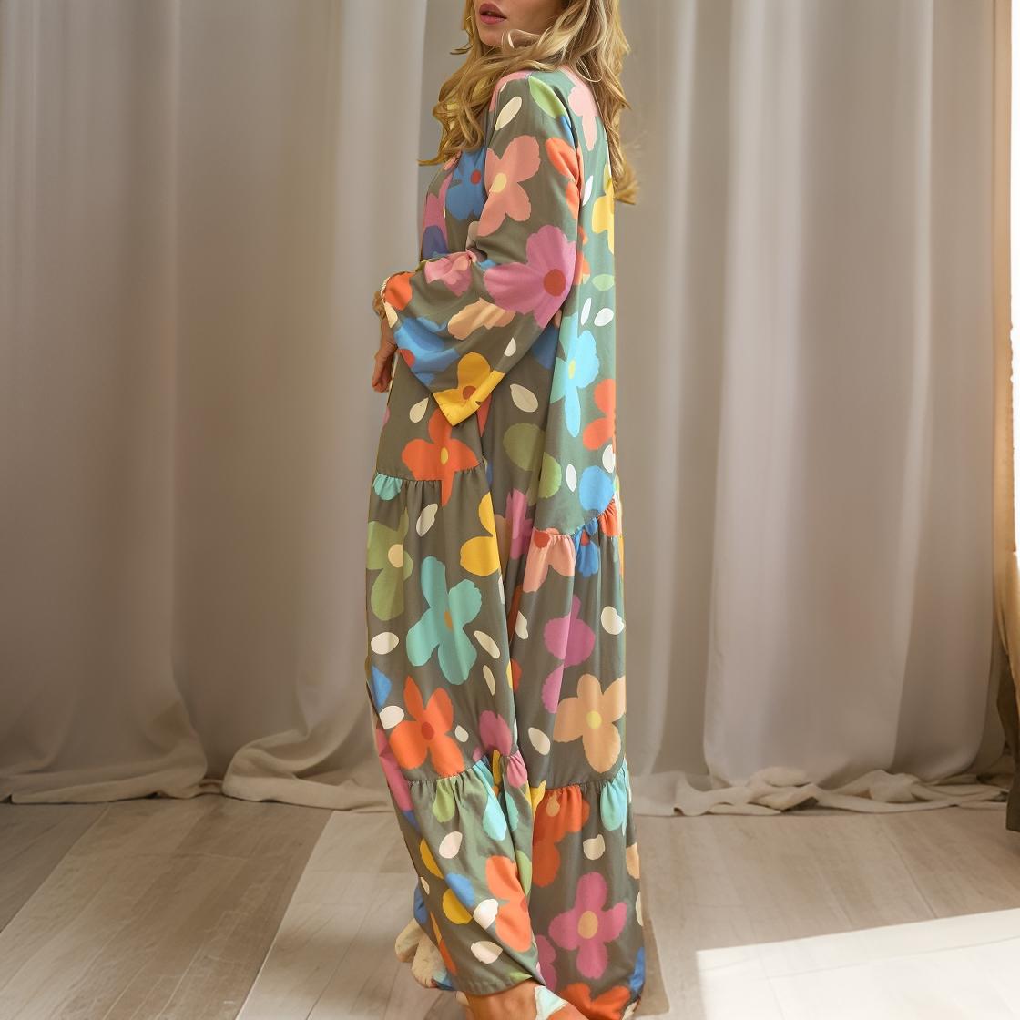 Flora – Bohemian Long Dress with Bell Sleeves and Floral Pattern