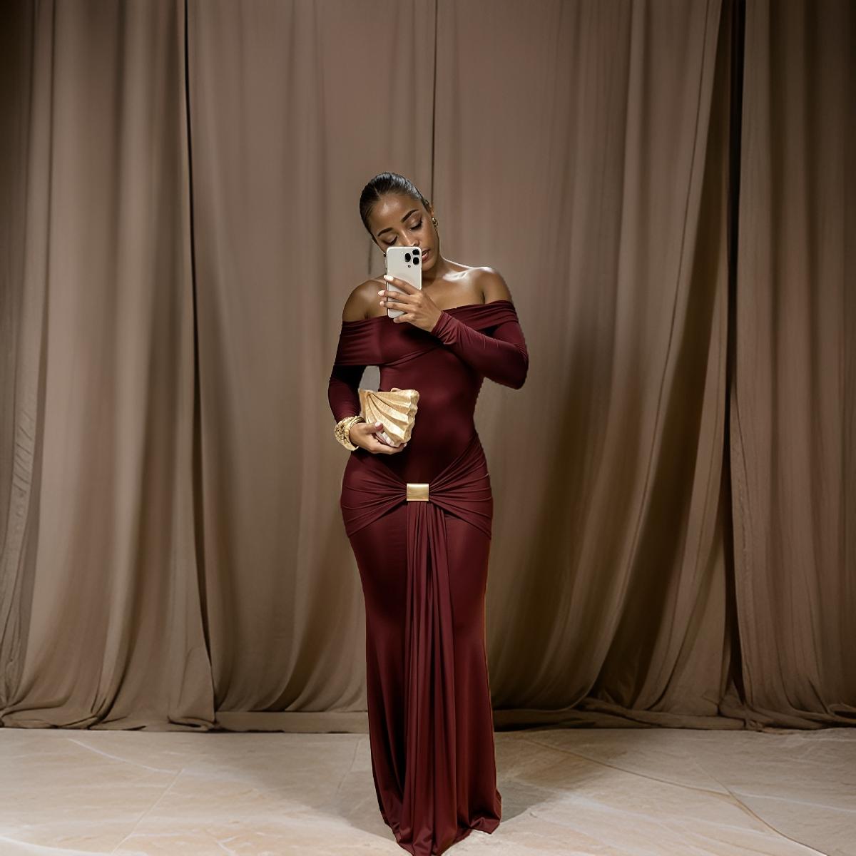Diamond - Off-Shoulder Long Sleeve Stretch Maxi Dress