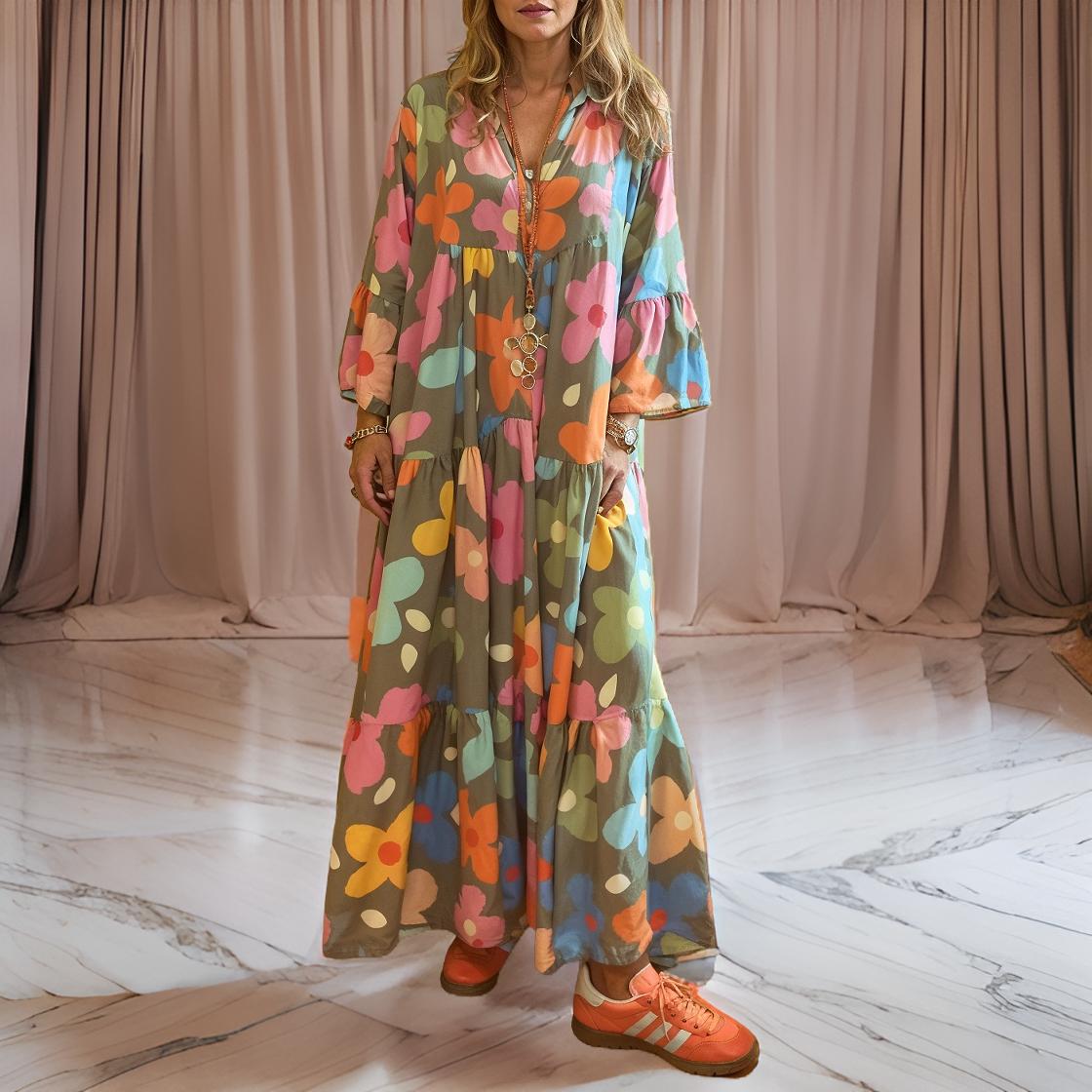 Flora – Bohemian Long Dress with Bell Sleeves and Floral Pattern