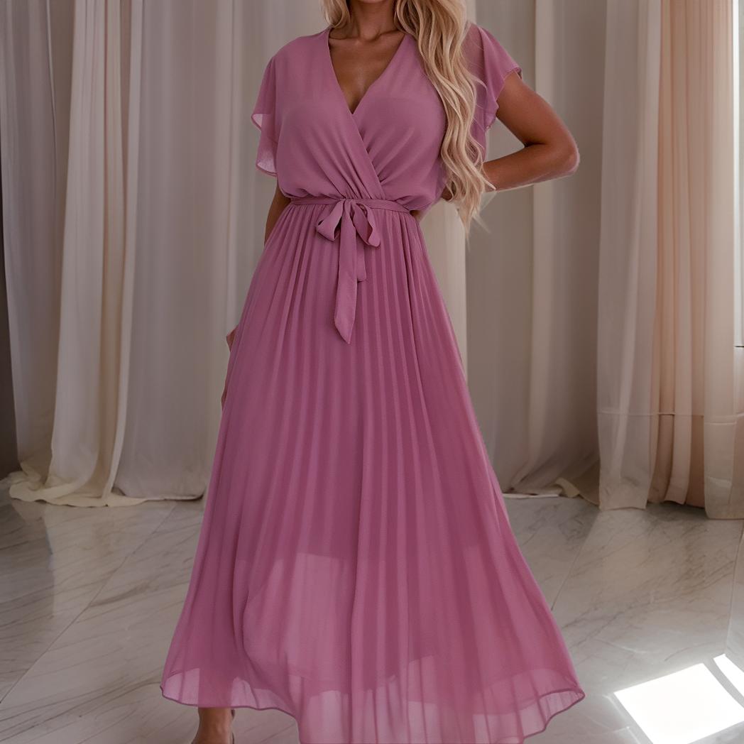 Liana – Long pleated dress with V-neckline