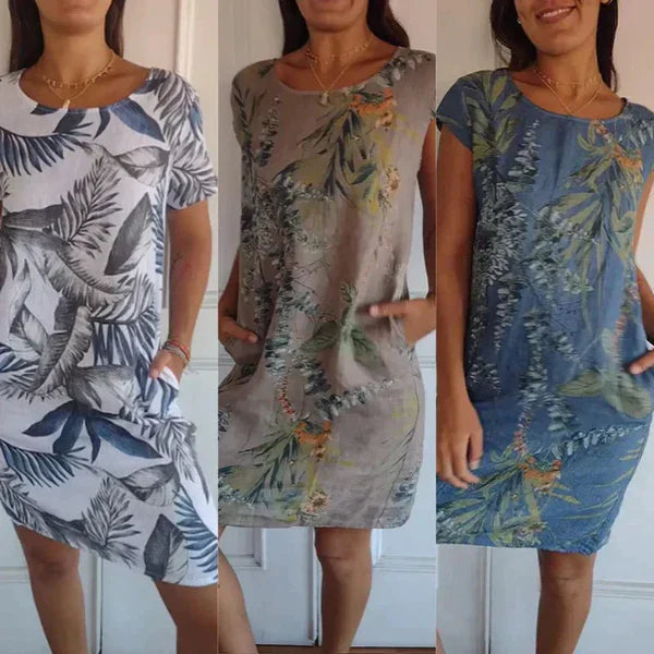 Modex women's cotton and linen dress with a round neckline
