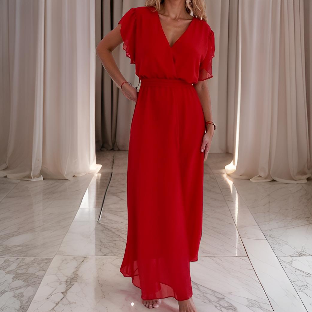 Liana – Long pleated dress with V-neckline