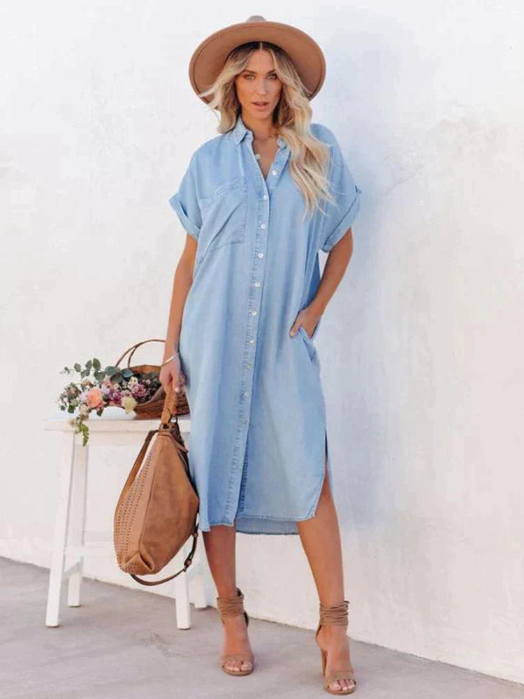 SkySerenity | Summer cloud gray blue dress with button closure