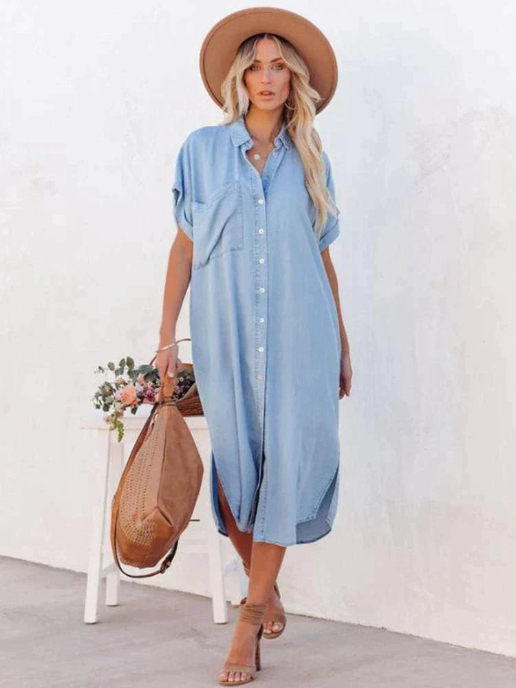 SkySerenity | Summer cloud gray blue dress with button closure