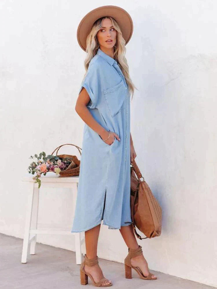 SkySerenity | Summer cloud gray blue dress with button closure