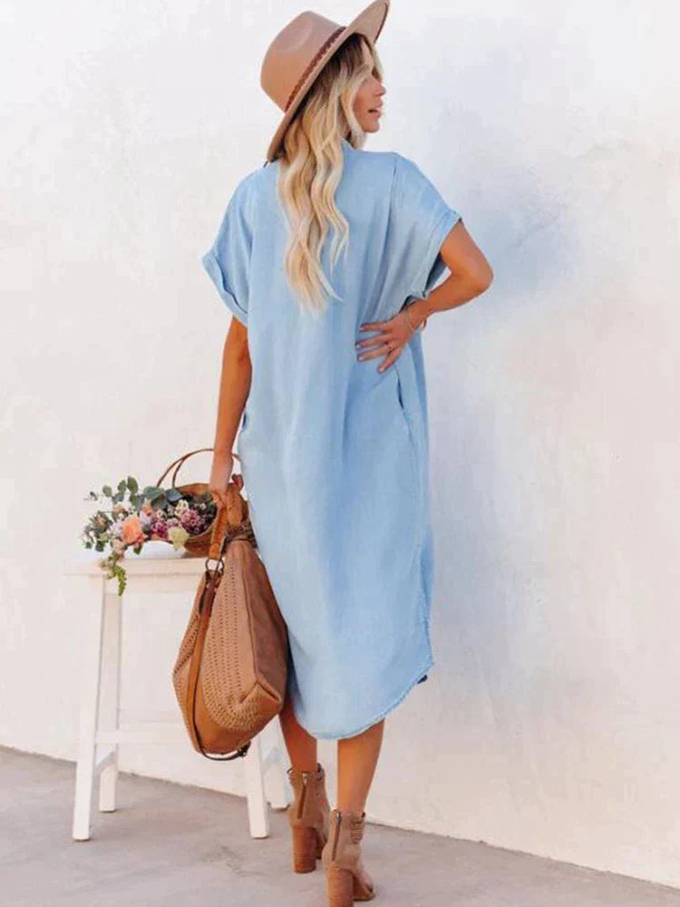 SkySerenity | Summer cloud gray blue dress with button closure