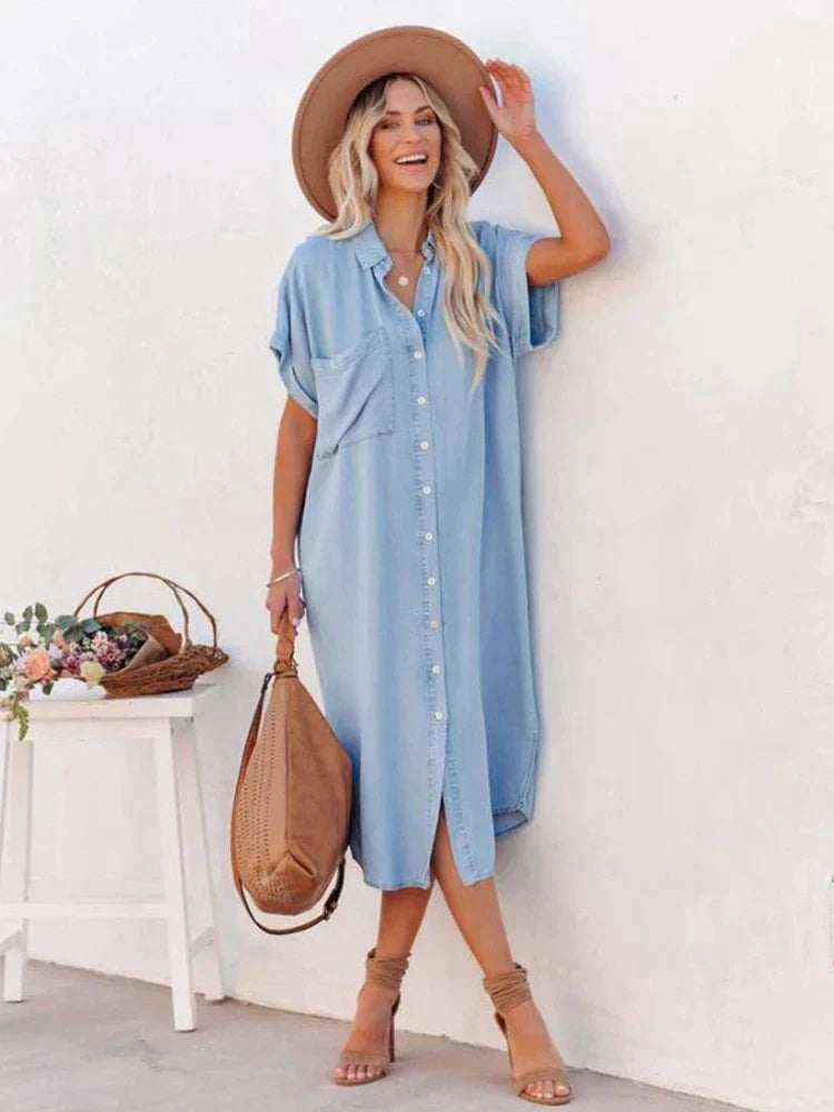 SkySerenity | Summer cloud gray blue dress with button closure