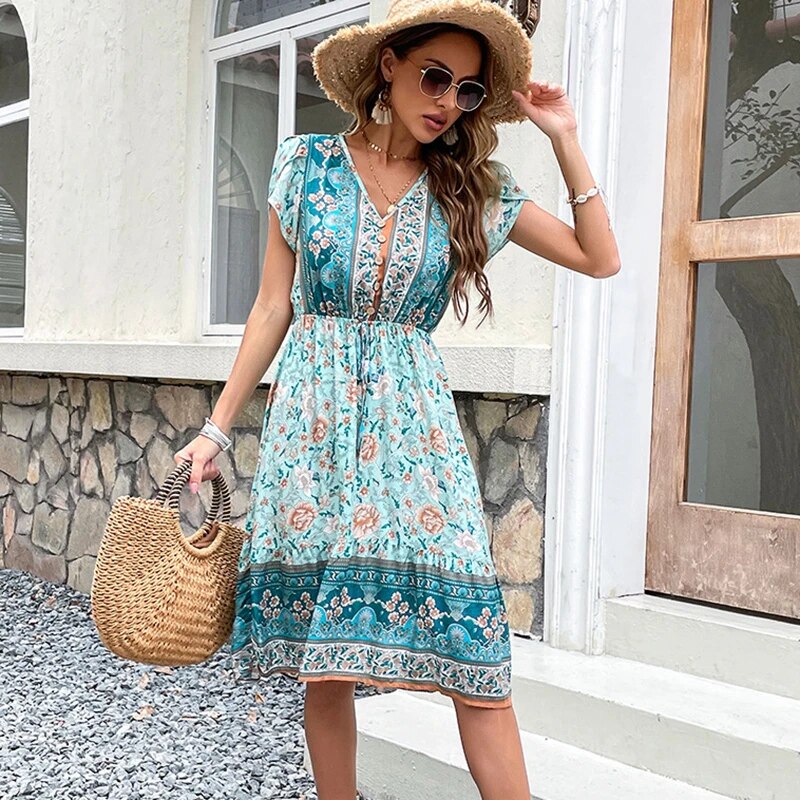 Serena - Boho midi dress with floral pattern