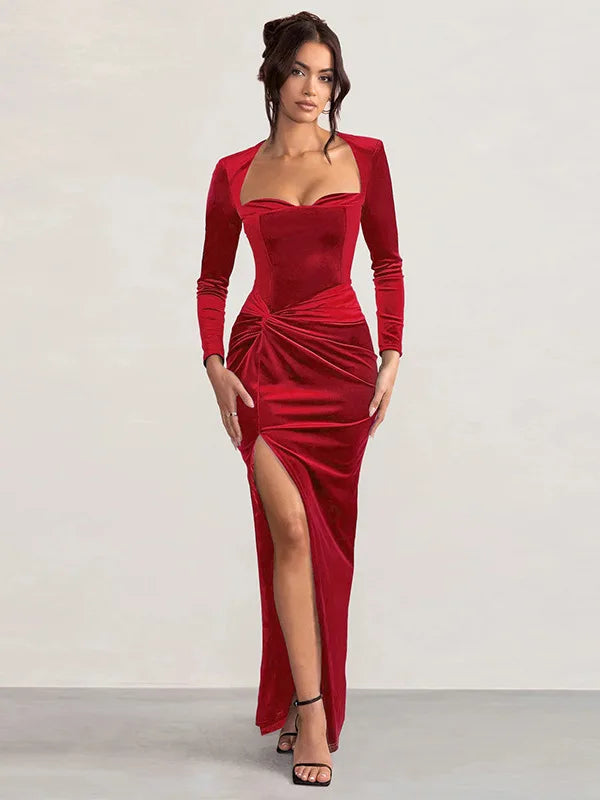 Drape Velvet Sweetheart Ruched Midi Dress