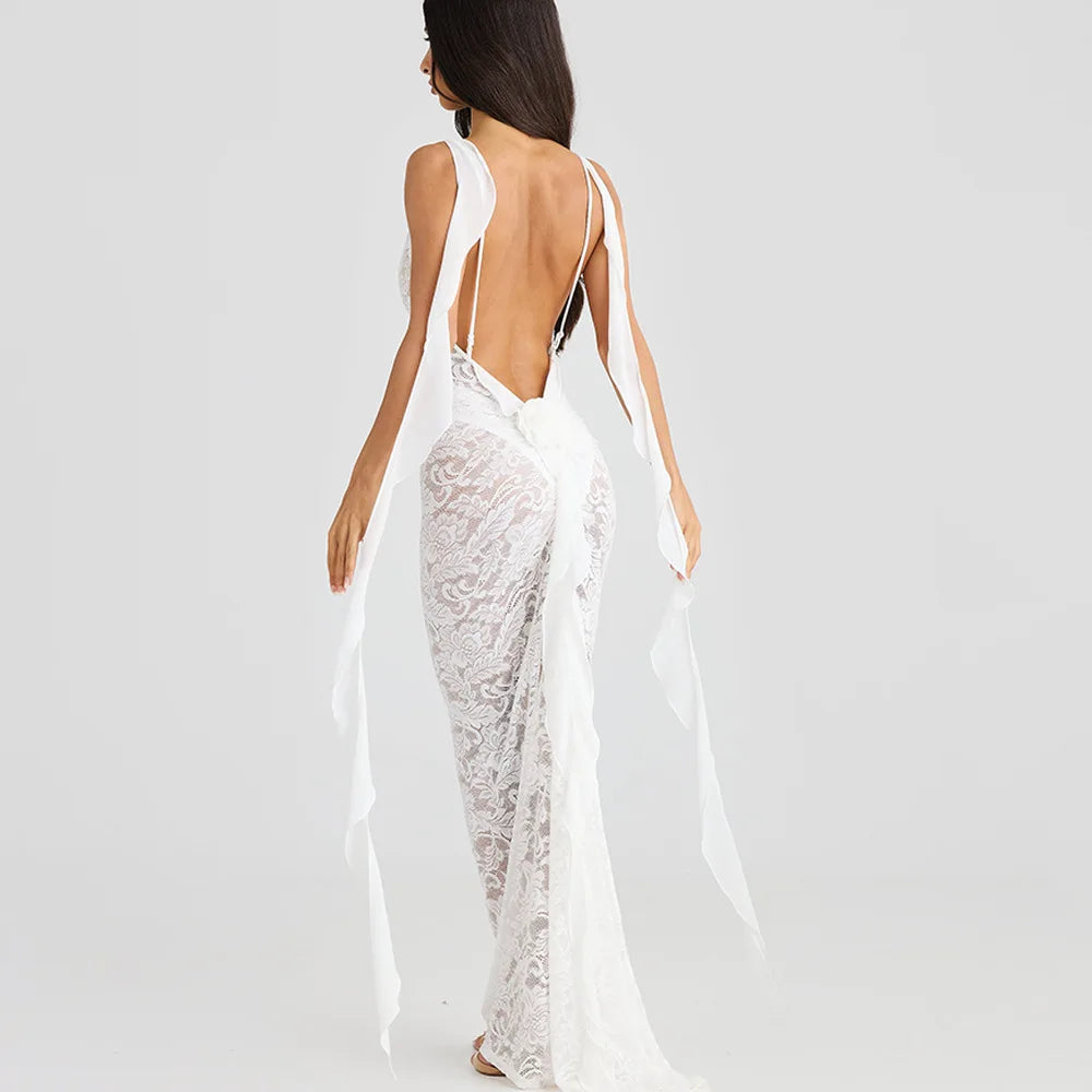 Rosette Backless Lace Mermaid Gown with Chiffon Streamers