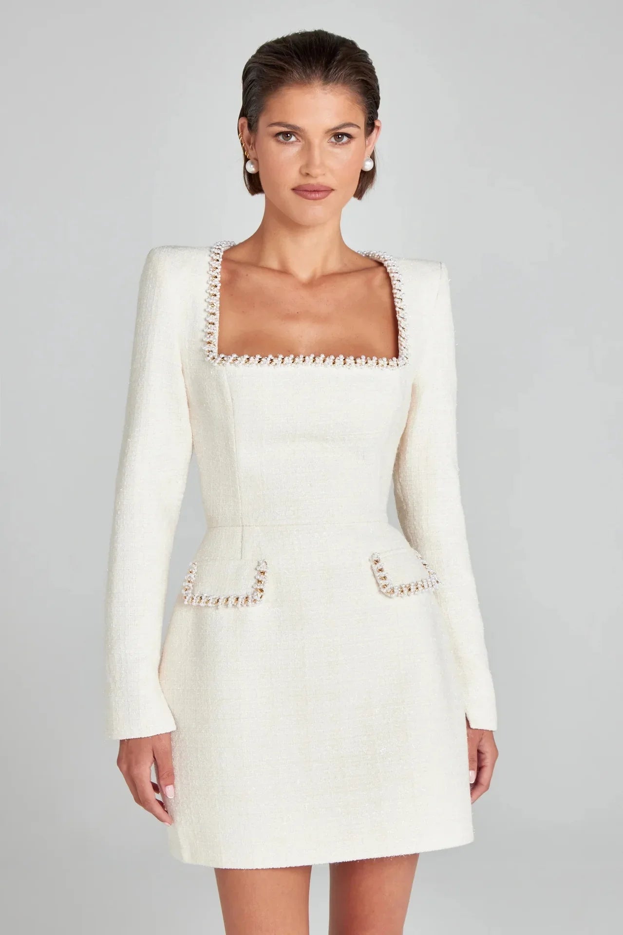 Monaco Lacceti Women's Tweed Pearl Trim Blazer Mini Dress