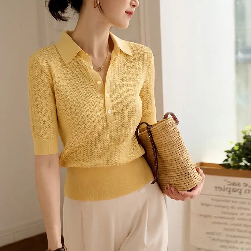 Amy Ribbed Knit Polo Blouse