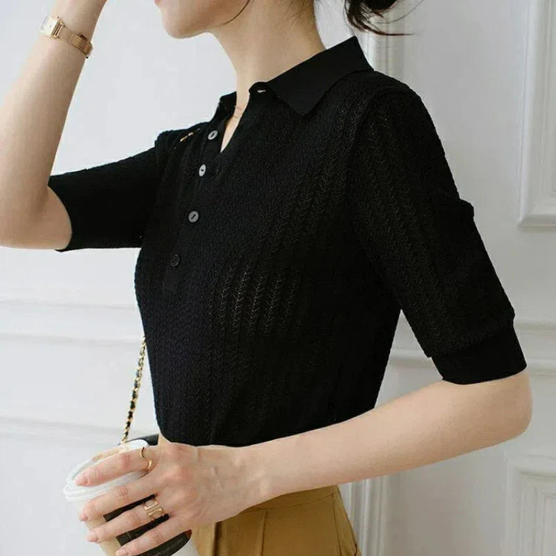 Amy Ribbed Knit Polo Blouse