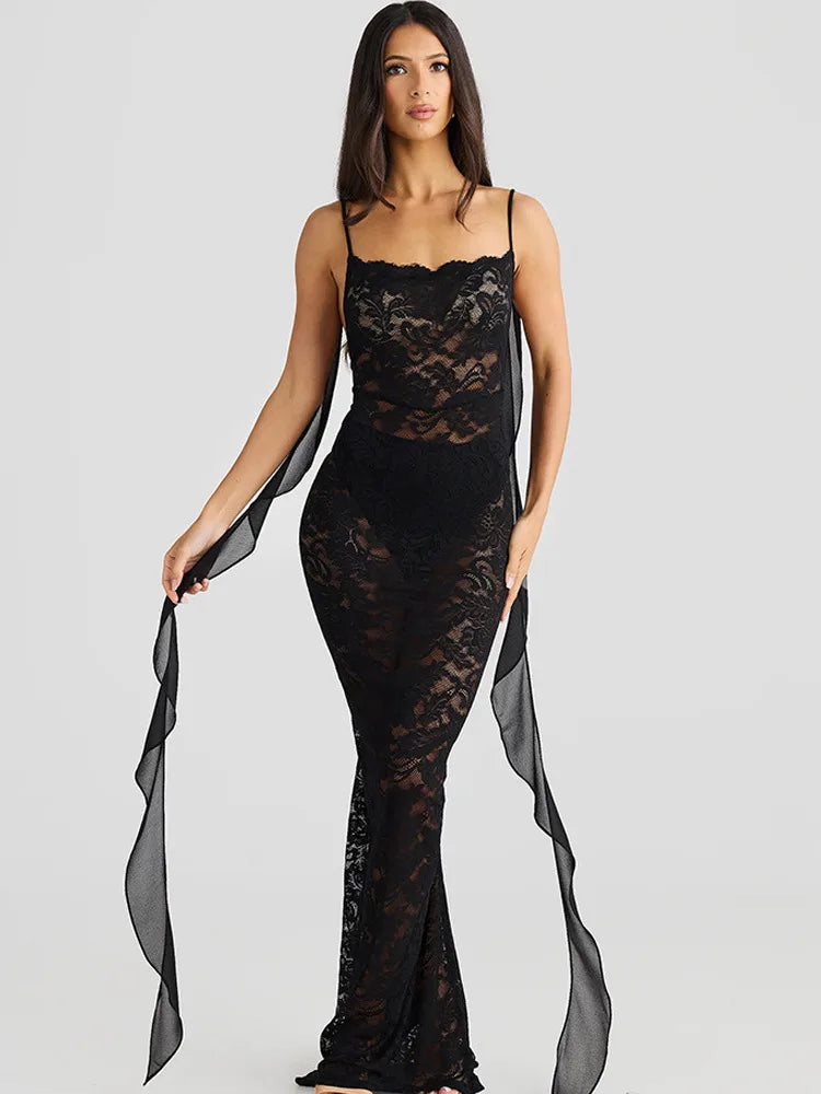 Rosette Backless Lace Mermaid Gown with Chiffon Streamers
