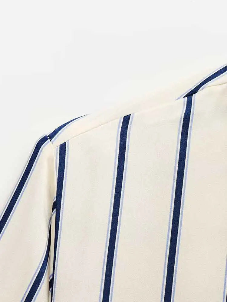 European Striped Button-Up Blouse
