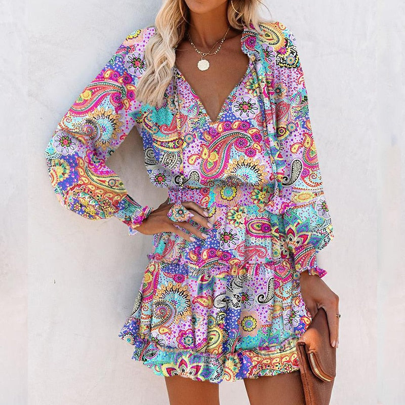 VibrantBloom - V-neck colorful floral print dress with ruffles on the bottom