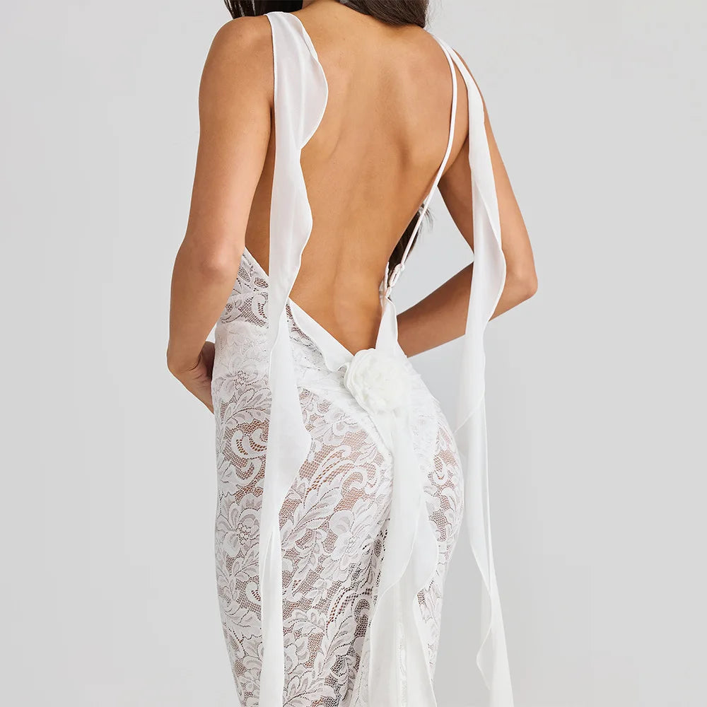 Rosette Backless Lace Mermaid Gown with Chiffon Streamers