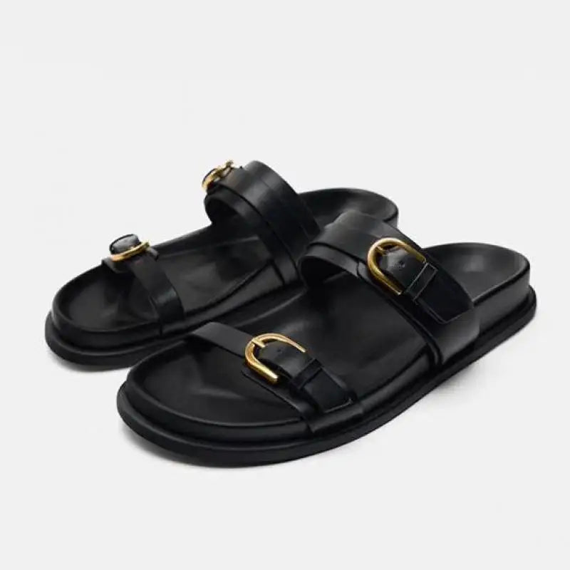 Lucia Buckle Leather Slides
