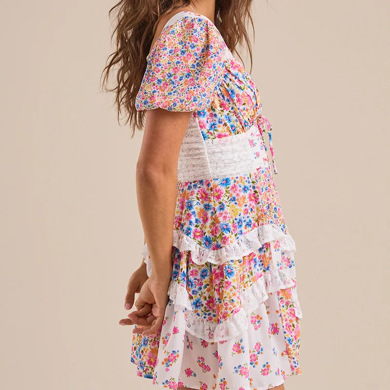 Cassidy Ruffle Patchwork Mini Dress