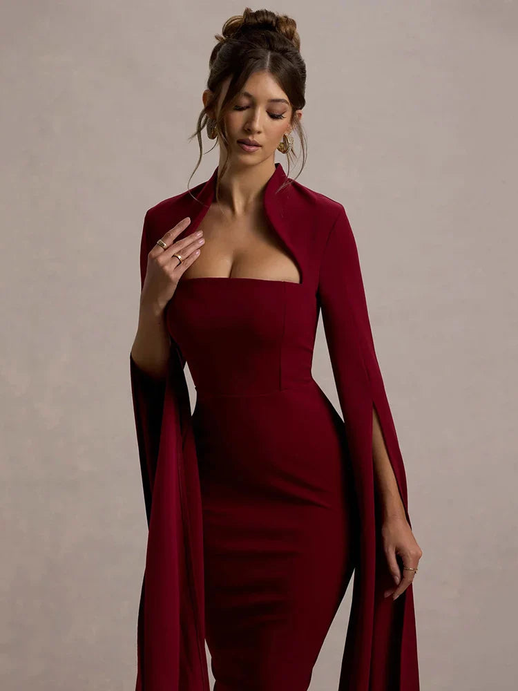 Calista Cape Strapless Sleeve Midi Dress