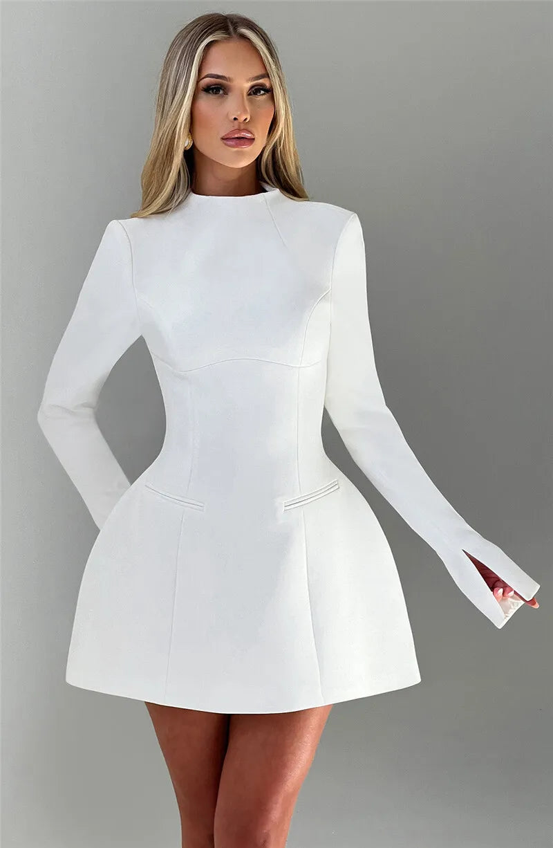 Elara White High Neck Long Sleeve Mini Dress