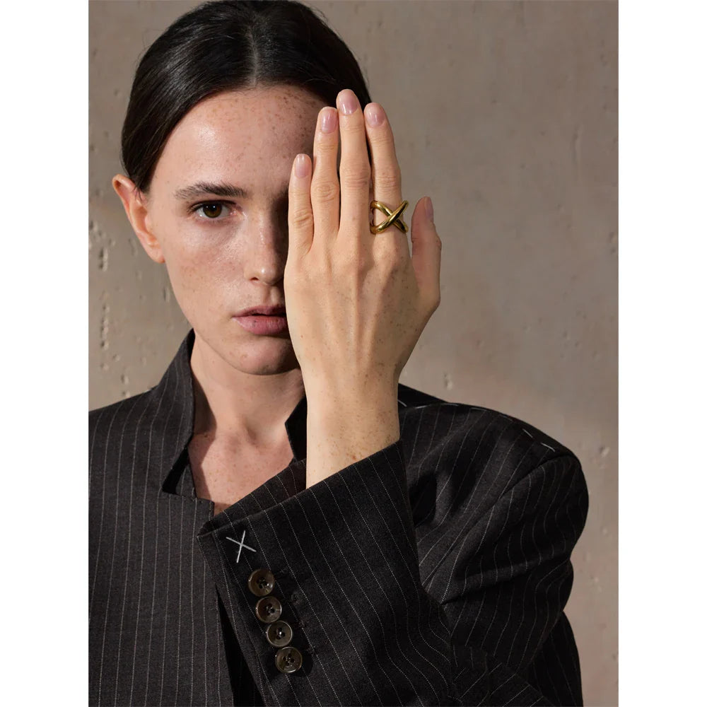 Elvia Cross Statement Gold Plated Band Ring