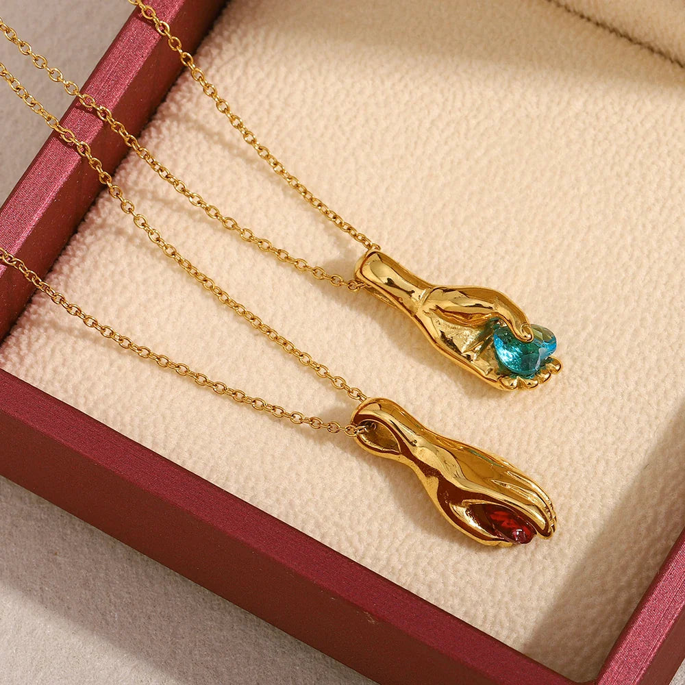 Fortuna Hand Gem 18k Gold Plated Necklace