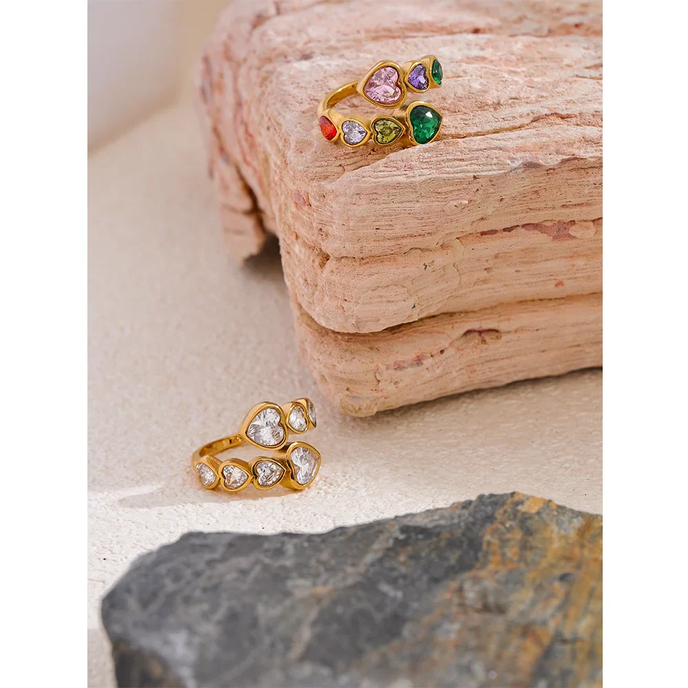 Fiorella Gold Adjustable Colorful Heart Gemstones Ring