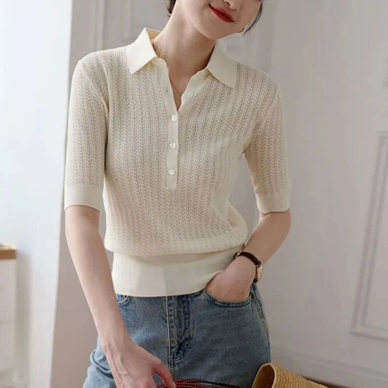 Amy Ribbed Knit Polo Blouse