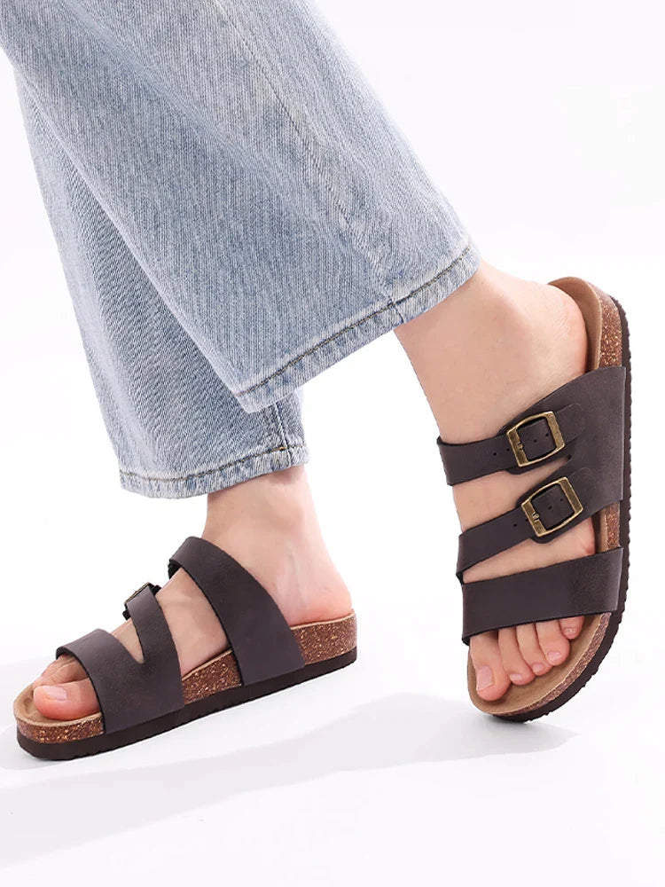 Women's Nappa Leather Orthopedic Double Buckle Slide