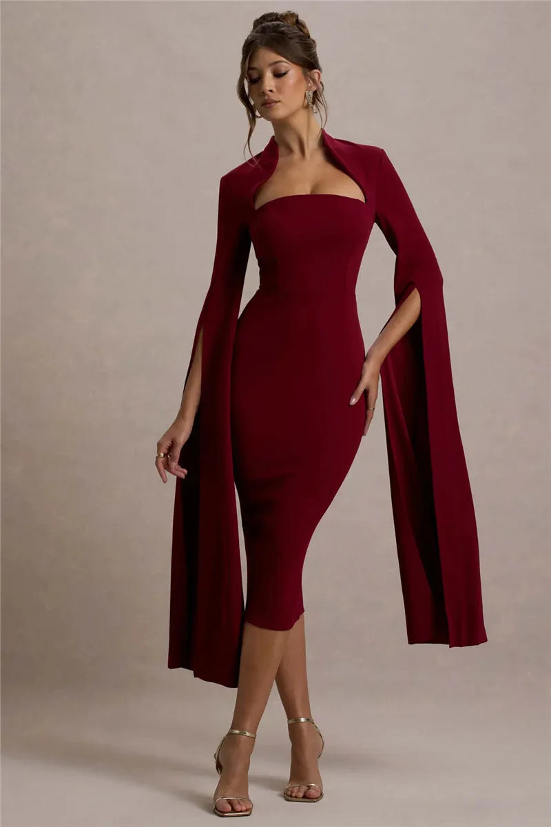 Calista Cape Strapless Sleeve Midi Dress