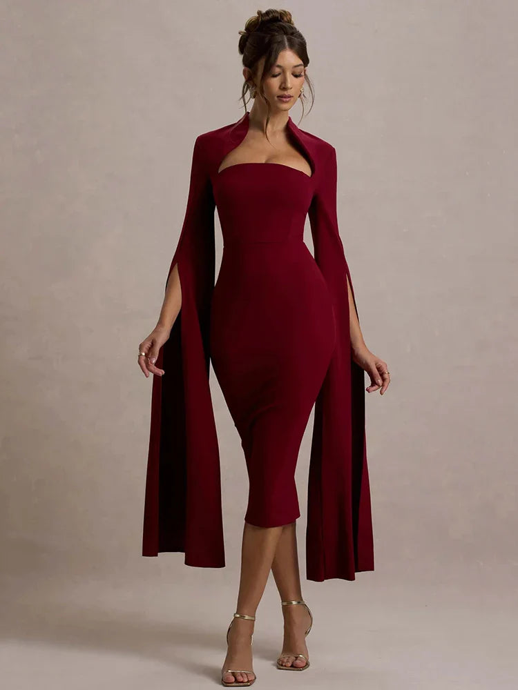 Calista Cape Strapless Sleeve Midi Dress
