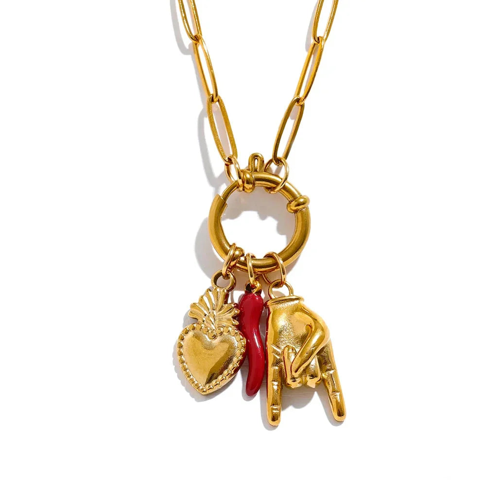 Cattiva Bold Gold Chili Hand Heart Pendant & Necklace