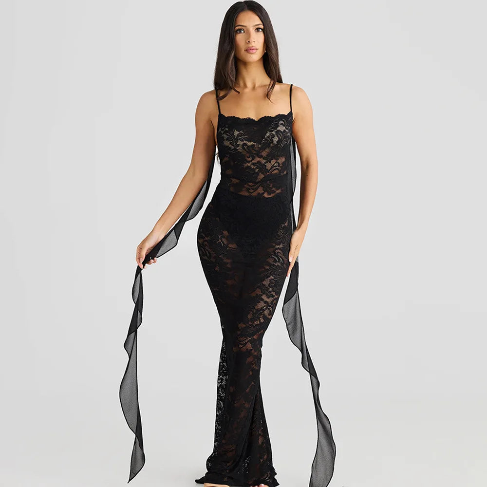 Rosette Backless Lace Mermaid Gown with Chiffon Streamers