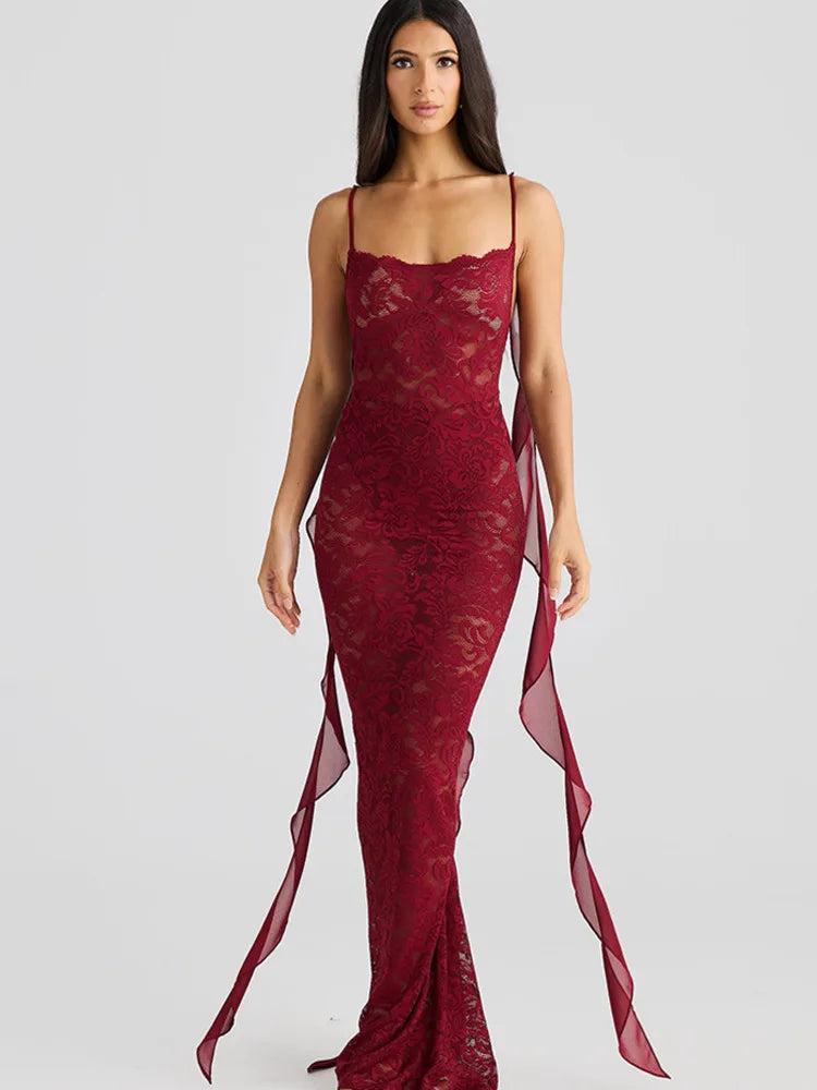 Rosette Backless Lace Mermaid Gown with Chiffon Streamers