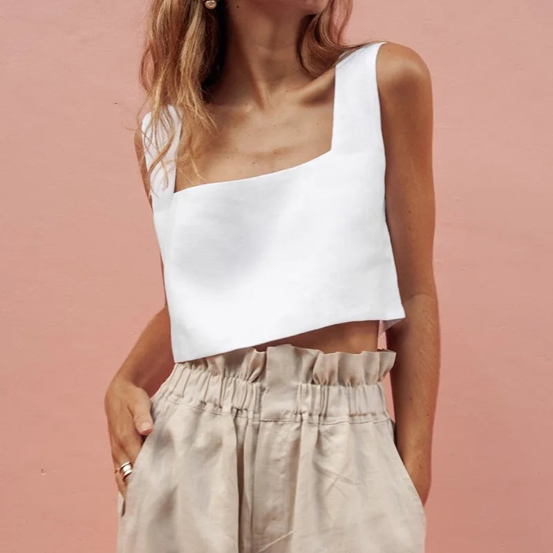 100% Linen Square Crop Top